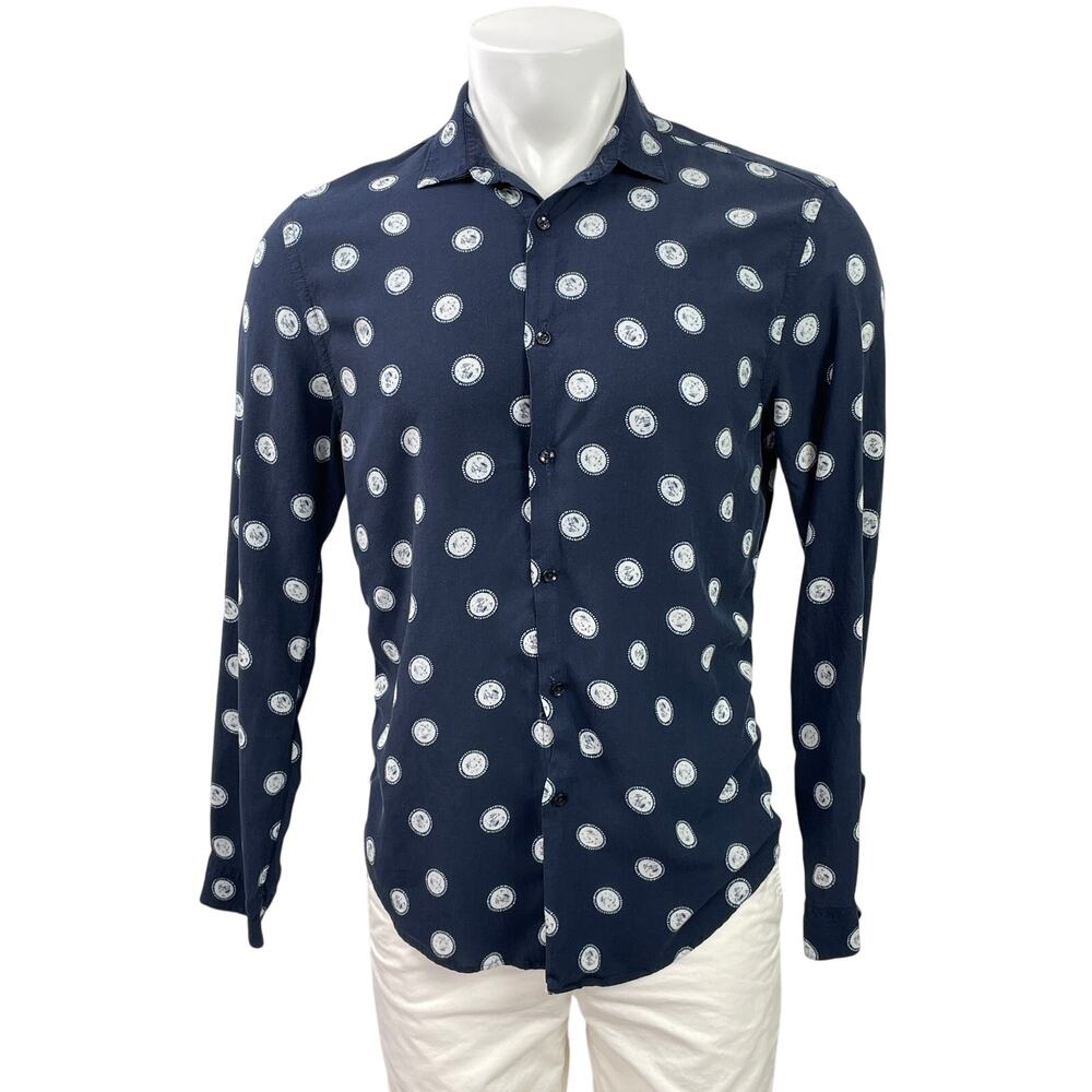 Zara Men's Navy Blue Polka Dots Geometric Long Sleeve Button Down Shirt Top S